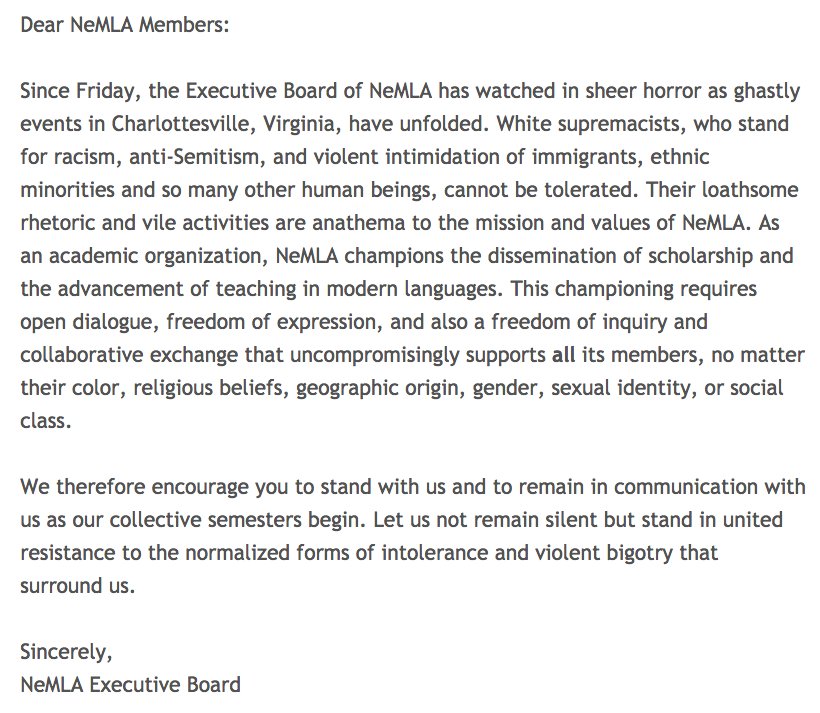 A message from the NeMLA Executive Board about #Charlottesville: "White supremacists [...] cannot be tolerated"
