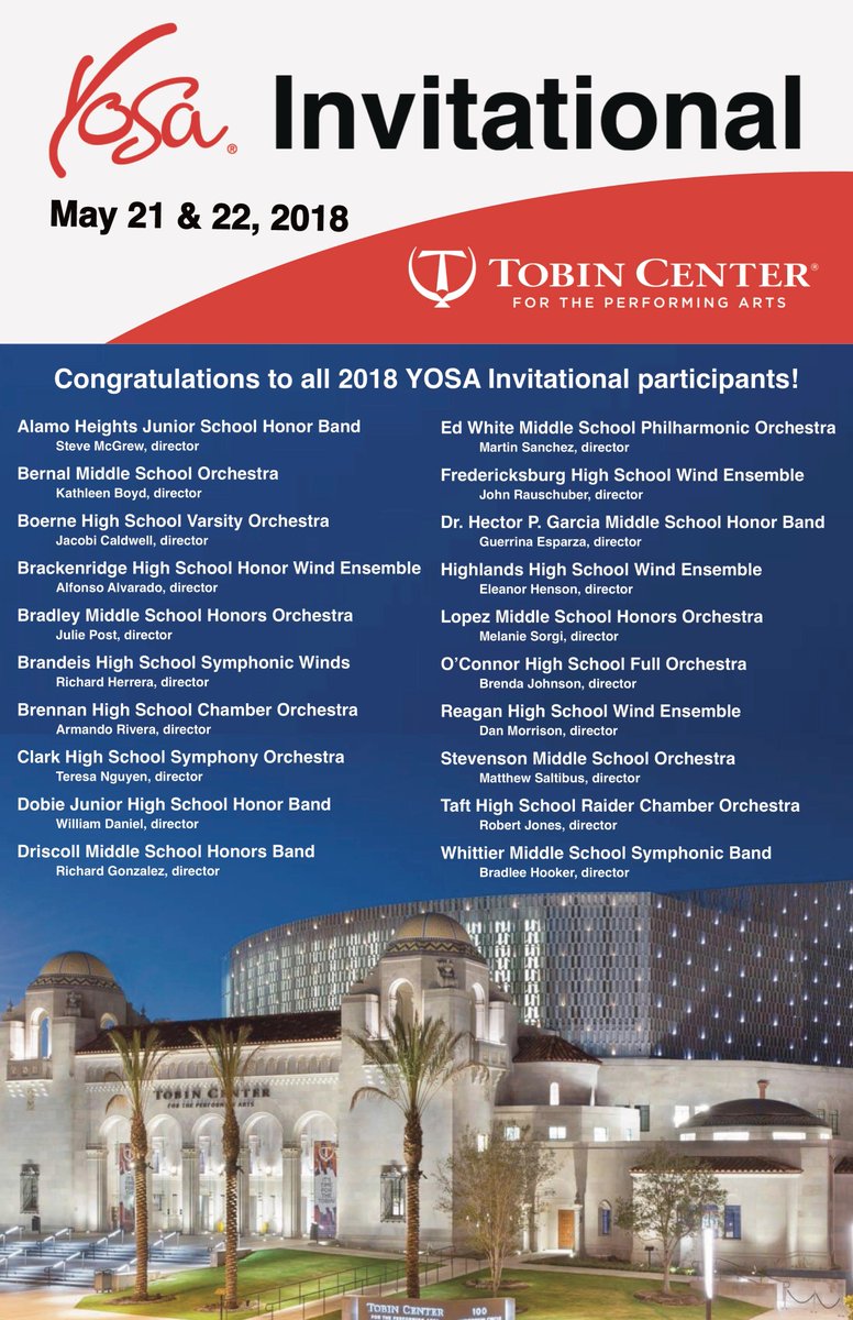 We're excited to announce the 20 school bands &amp; orchestras performing in the 2018 YOSA Invitational at <a href="/TobinCenterSA/">Tobin CenterSA</a> on May 21 &amp; 22, 2018!