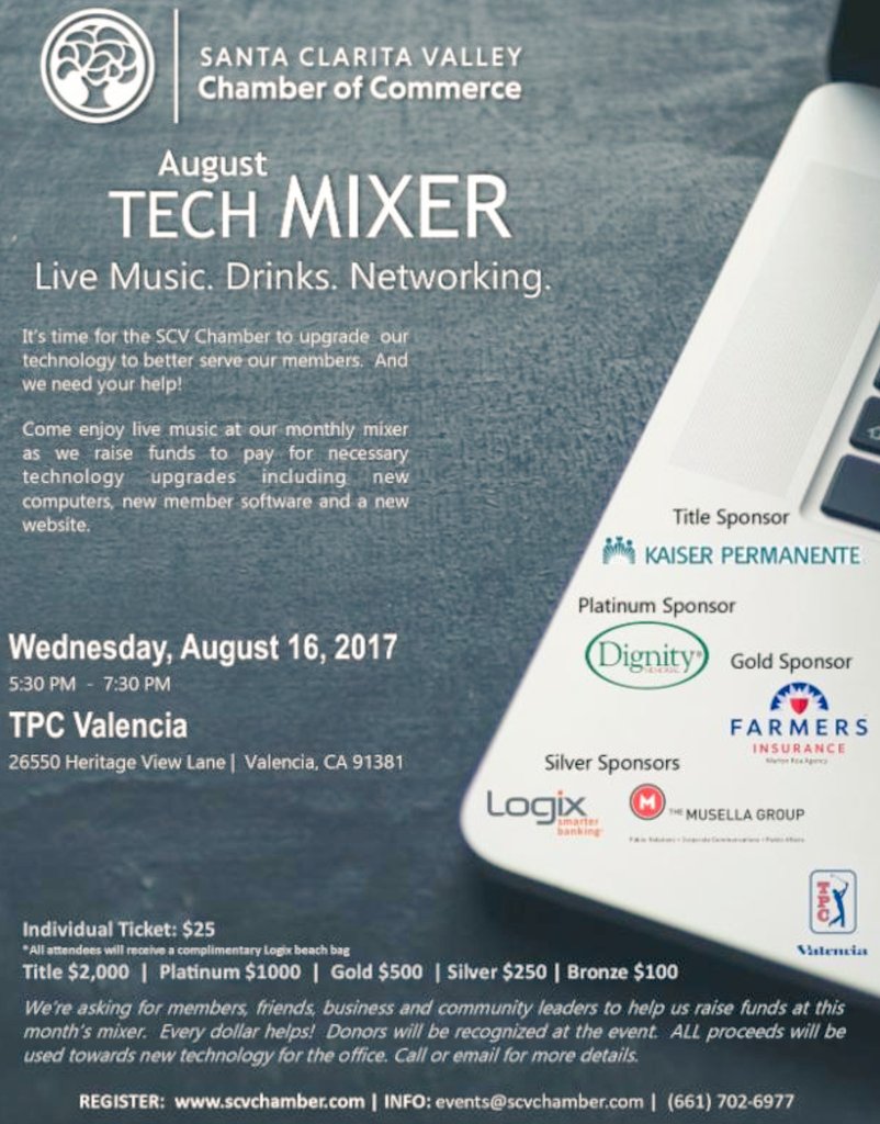 acalagias's tweet image. Join @LogixFCU &amp;amp; the @SCVChamber for a #TechMixer - 5:30 p.m. Wednesday, 8/17, at @TPCVALENCIA. #scv #networking #community #technology