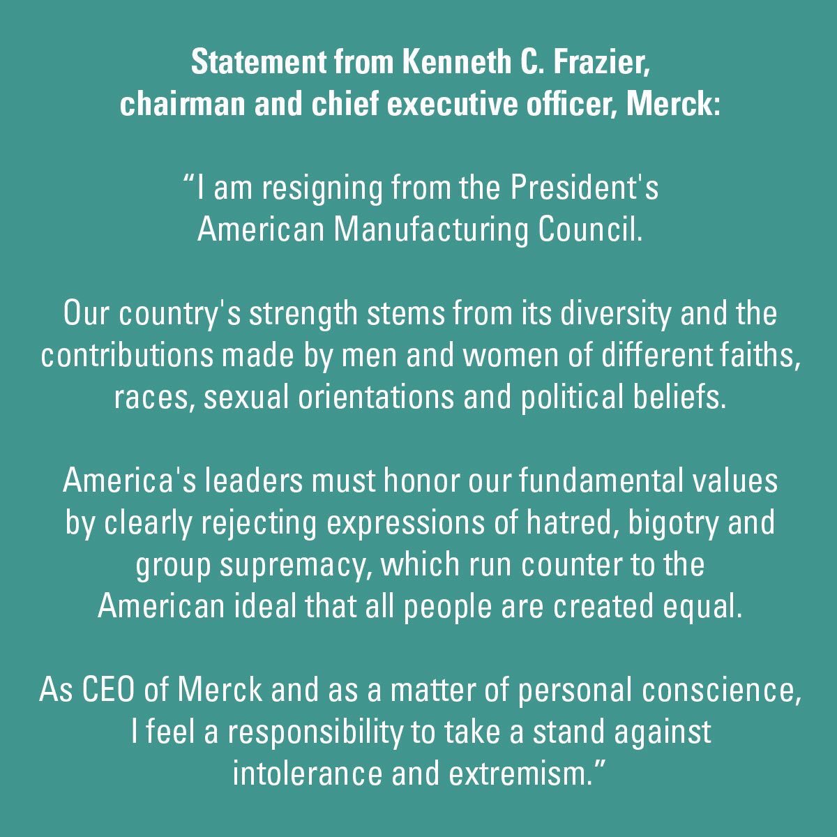 Ken Frazier @ Merck shows true leadership and needs all of our support!