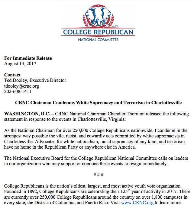UUCollegeRepubs's tweet photo. A statement from the CR National Chairman on the events in #Charolettesville: https://t.co/eQus9Tmb69