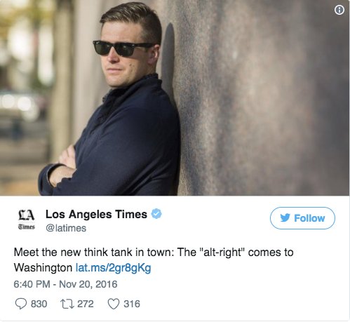ericweiskott's tweet photo. Never forget how our institutions of mass media covered Spencer last November. They framed racism as some kind of hip new aesthetic. https://t.co/nS4z16EnhK