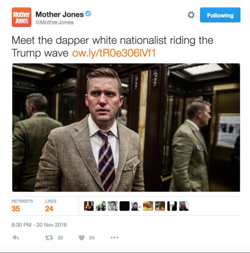 ericweiskott's tweet photo. Never forget how our institutions of mass media covered Spencer last November. They framed racism as some kind of hip new aesthetic. https://t.co/nS4z16EnhK