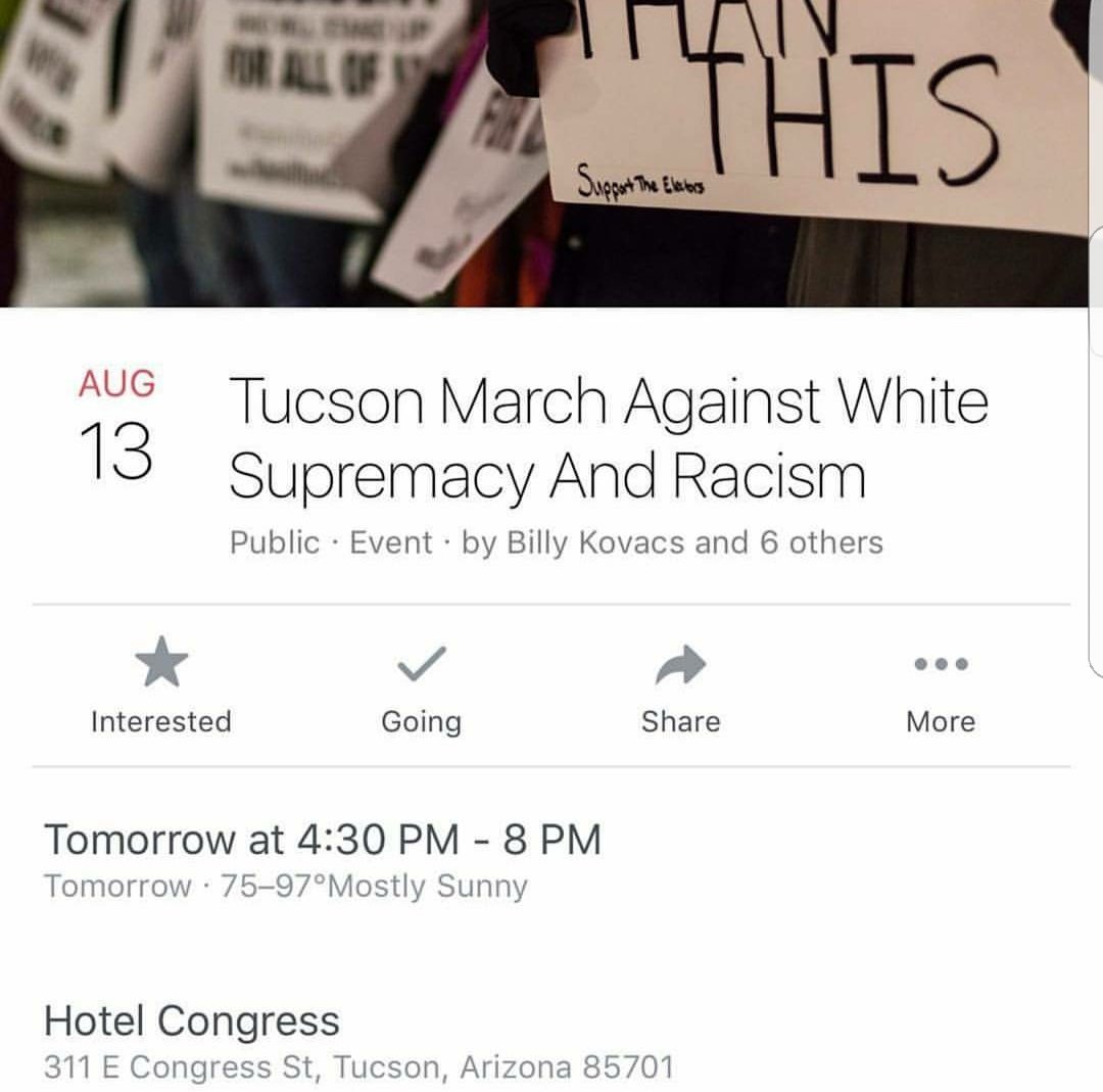 IAmGenesisA97's tweet image. Tucson march against racism and white supremacy. 
#Tucsonans #Charlottesville #WeAreOneRaceHumanRace