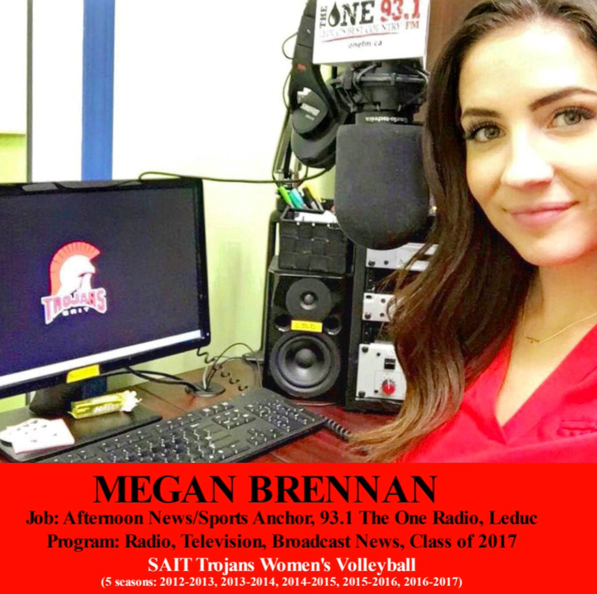 SAIT_Trojans's tweet photo. Trojans at Work: WVB ๐ & RTBN grad Megan Brennan at @931TheOne #TrojansAtWork @SAITAlumni #sait #rtbn #radio https://t.co/VopPPHzgdu