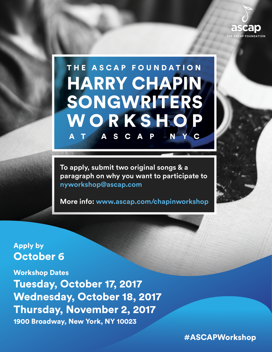 ASCAP's tweet photo. Want to work w/ top tier writers, producers &amp; major labels? Apply to @ASCAPFoundation's Harry Chapin Workshop in NYC https://t.co/I8jAFt1neJ https://t.co/EtykyqDX9Y