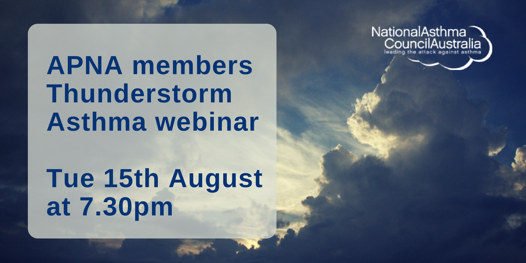 asthmacouncilau's tweet photo. APNA Primary Health Nurses Thunderstorm Asthma webinar tonight at 7.30pm, register here https://t.co/yeK3v6mmU3 #APNAnurses https://t.co/aDx6ZknMm9