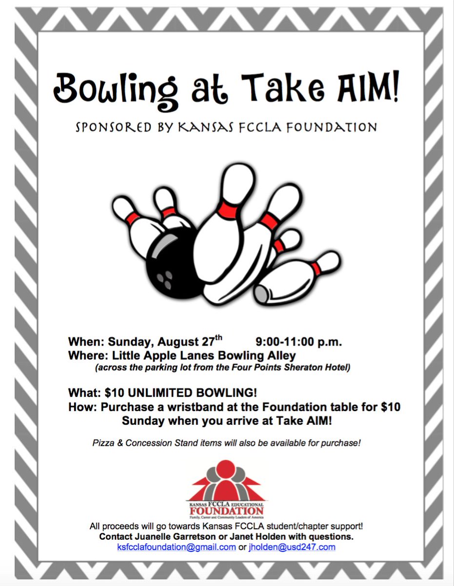 ksfcclafound's tweet photo. $10 Unlimited Bowling Night at Take AIM! RT to spread the word to your friends attending! See you in two weeks!! #ksfccla
@KSFCCLA https://t.co/sKDiD03SdD