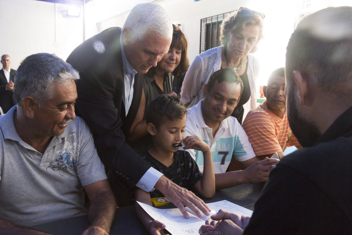 VP45's tweet photo. In Colombia Karen &amp; I met w/ Venezuelan families who fled the tyranny &amp; oppression of Maduro. The Venezuelan people deserve freedom #VPinSA https://t.co/1lR4xDLony