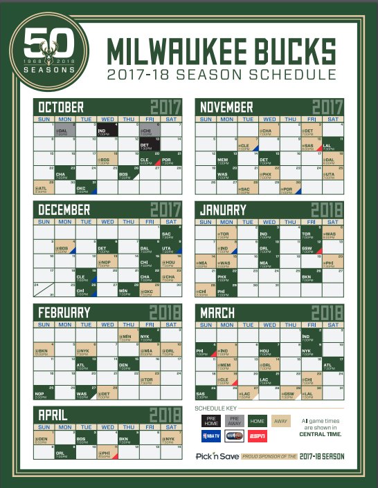 Milwaukee Bucks Printable Schedule