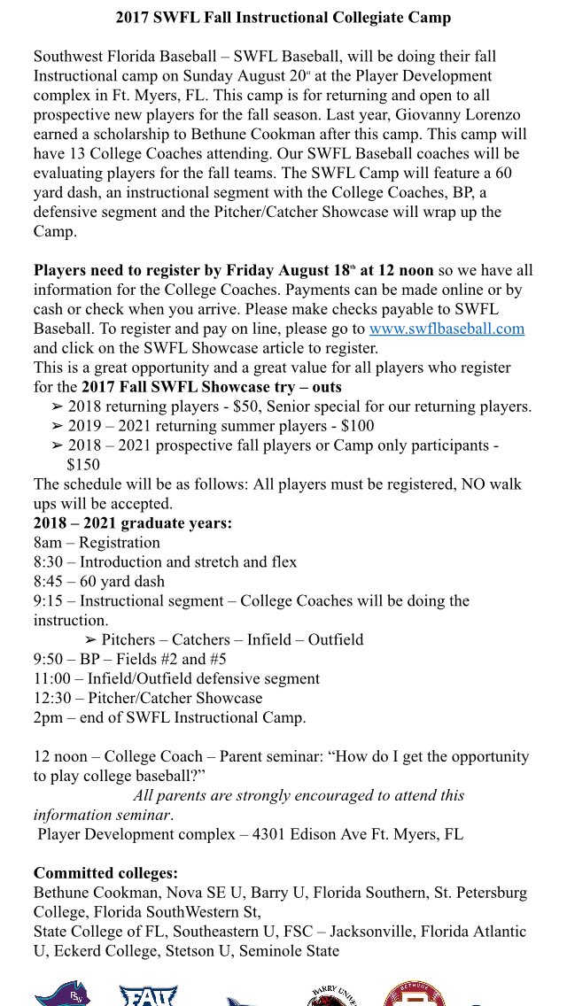 SWFLBaseball1's tweet image. 2017 SWFL Fall Instructional Camp-Sunday August 20th @ the Player Development Complex. Flyer attached, you can go to swflbaseball.com