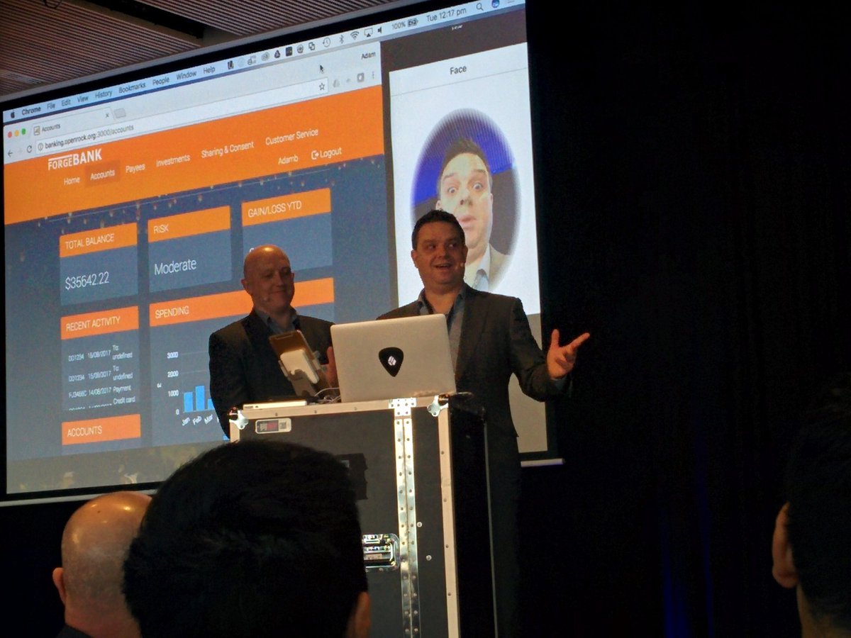 richbergquist's tweet photo. @AdamBiviano does better banking with biometrics and Daon at @ForgeRock  #IdentityLive Nice mug shot. https://t.co/Ynu7oo3ZoT