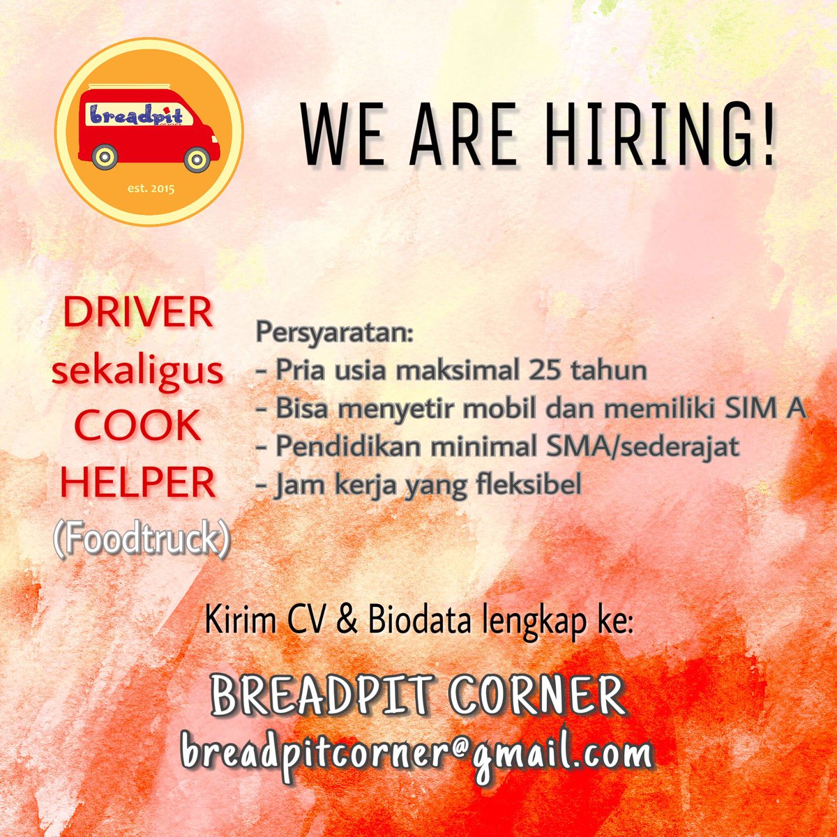 BDGfoodtruck's tweet photo. Dibutuhkan PRIA posisi DRIVER+COOK HELPER utk foodtruck @breadpitcorner! Kirim CV &amp; Biodata ke email breadpitcorner@gmail.com #lokerbandung https://t.co/S6cyVtGuCf