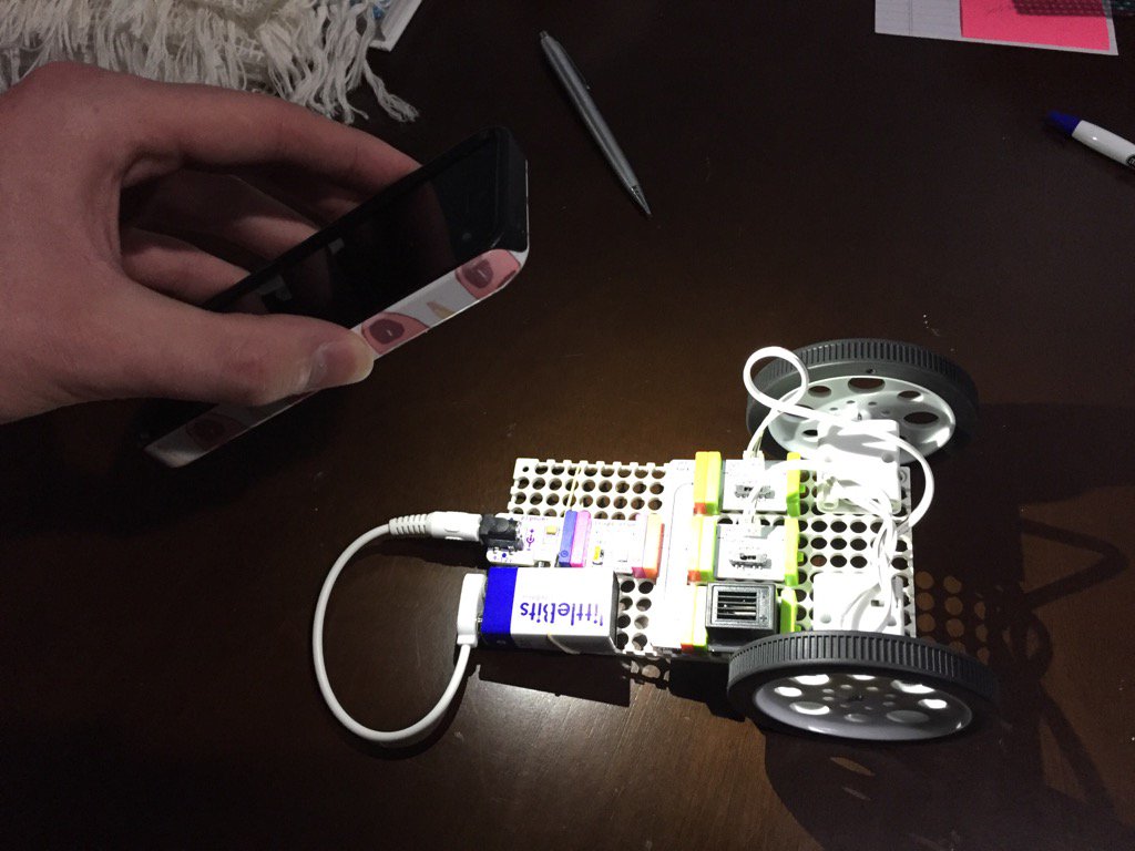 ckellam's tweet image. My 20 yr old son (engineering student) made a light sensitive car using LittleBits from the LMC #makerspace
