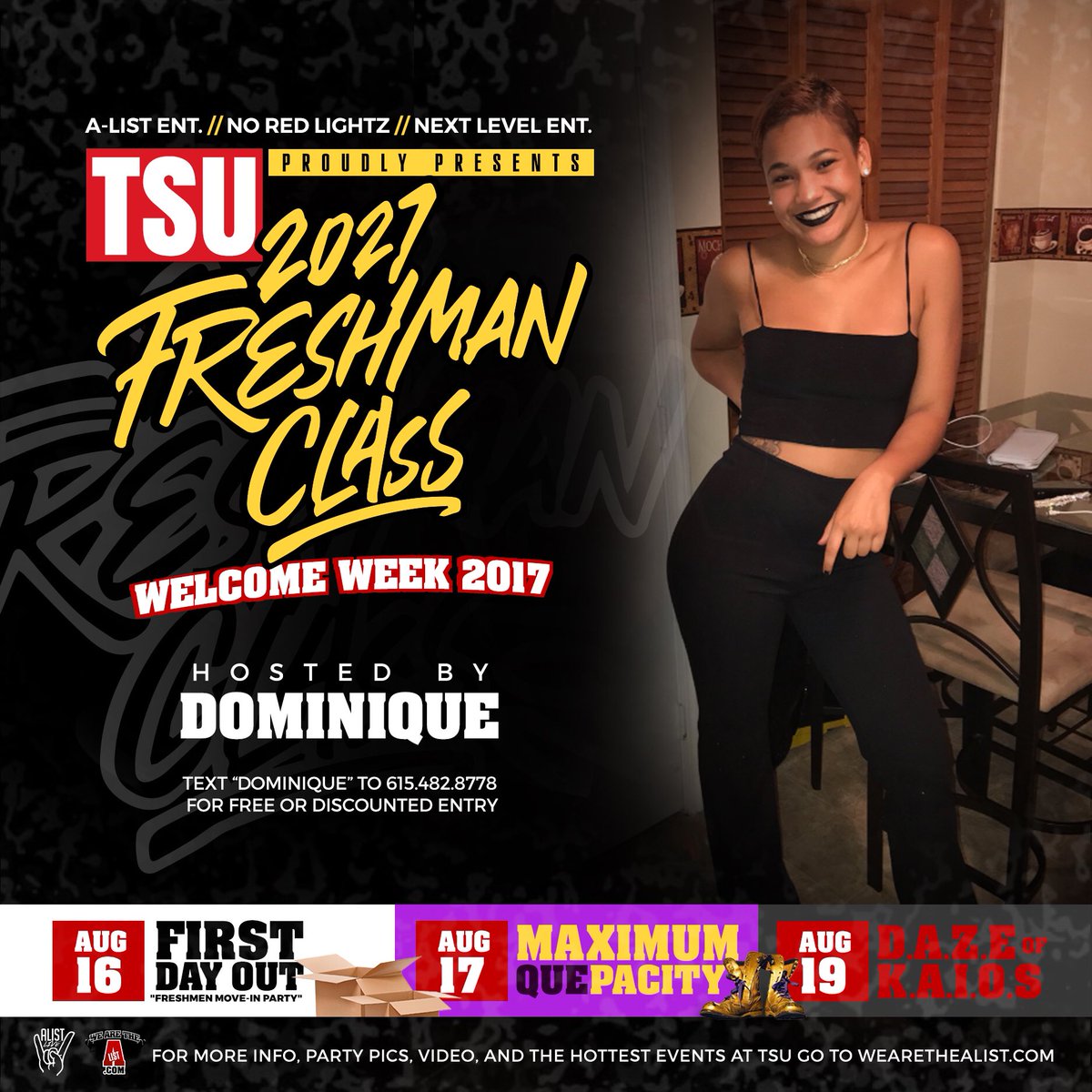 TnStateConnect's tweet photo. Y'all make sure y'all pull up on "Domo" this week ππ» Text her name to 615-482-8778 for Free entry! #Tsu21 #FreshmanWeek2k17 π₯π https://t.co/ZnjHO5BRc9