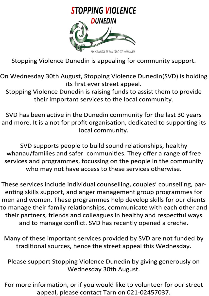 StopViolenceDun's tweet photo. Today we announce that we need help our street appeal day is on the 30th of august any support from #dunedincommunity is greatly appreciated https://t.co/1eTrIzyWLp