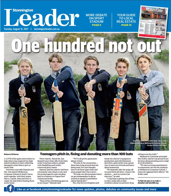 Here's this week's Stonnington Leader front page featuring the teens behind the Bats4Life project!  More here: bit.ly/2w5DSfZ