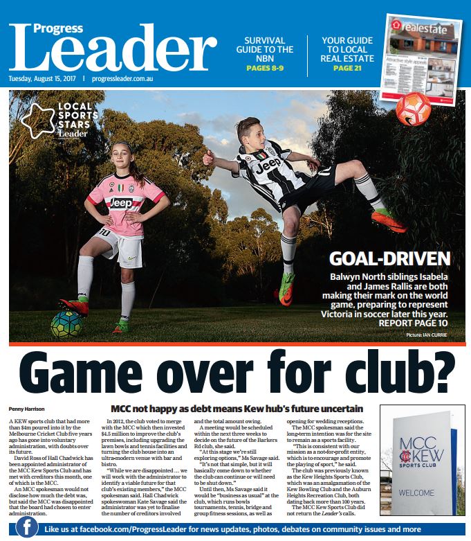 progressleader's tweet image. Here's this week's Progress Leader front page with a story about the MCC Kew Sports Club going into administration. bit.ly/2w5ohNE