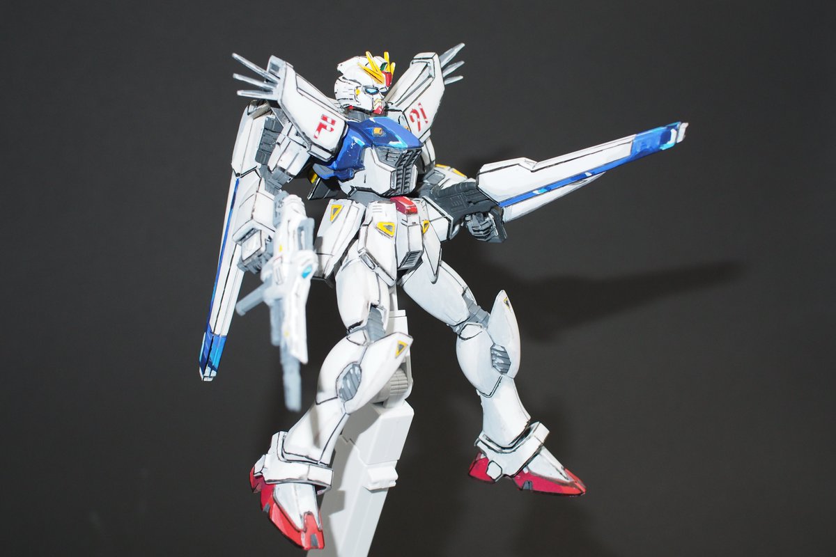 Garcia ｈｇ ｆ９１イラスト風模型完成しましたー 今日さんのバルバトスを見て真似したくなりました 初品から曲線が多い ｆ９１は難しかった 作品を見ながら試行錯誤して塗装してそれっぽく仕上がってよかった イラスト風模型