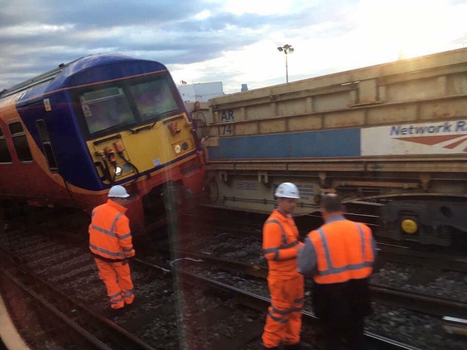 PaulClifton_'s tweet image. The suburban @SW_Trains service and an engineering train clearly had a bump at a set of points @LondonWaterloo
