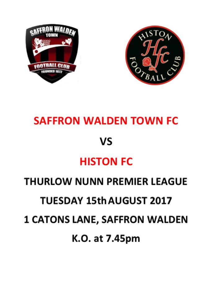 Saffron Walden Town FC (@swtfootballclub) on Twitter photo Match Day! New Boys <a href="/HistonFC/">Histon Football Club</a> are in Town tonight. A big local clash tonight at Catons Lane. Come join us <a href="/swtic/">Saffron Walden TIC</a> @swreporter24 #yourtown Match Day! New Boys <a href="/HistonFC/">Histon Football Club</a> are in Town tonight. A big local clash tonight at Catons Lane. Come join us <a href="/swtic/">Saffron Walden TIC</a> @swreporter24 #yourtown