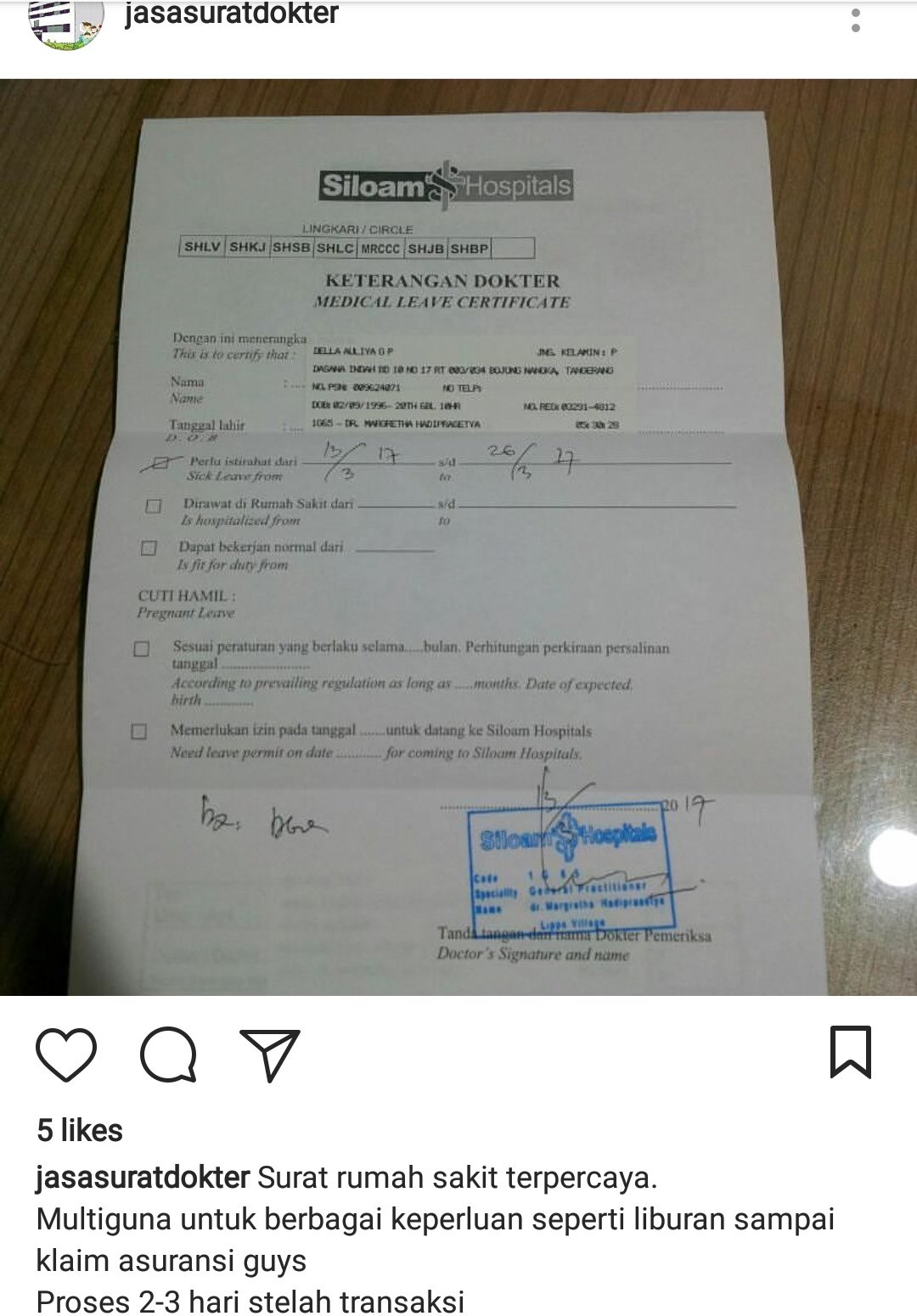 Surat Keterangan Sakit Rumah Sakit Siloam Anti Feixista