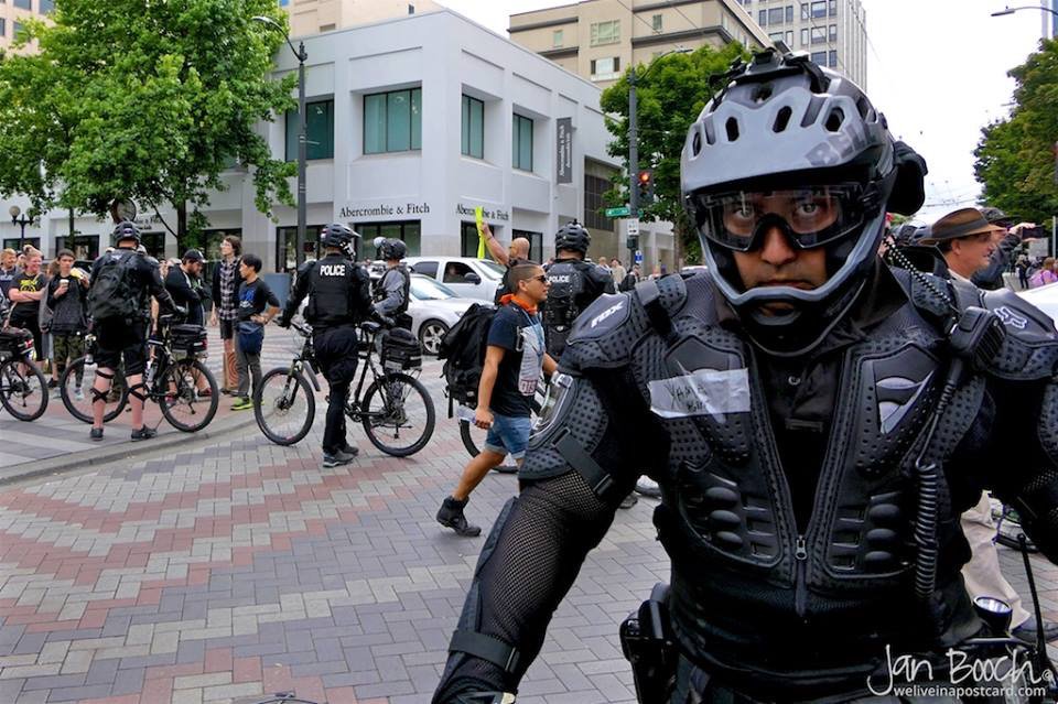 "Don't even consider trying to get past this police line! GRRRR!" — at Westlake Park.