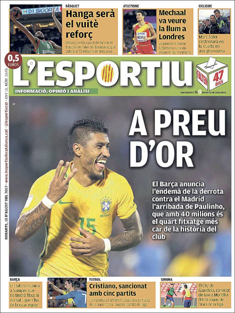 #Paulinho recruté "à prix d'or" fait débat chez les socios du #Barca. Il est le 4ème transfert le plus cher du club.