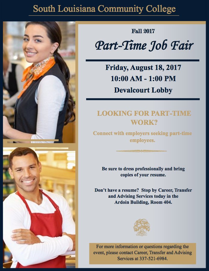 solaccofficial's tweet photo. Employers are looking for part-time workers! Meet them at a job fair on Friday, Devalcourt Lobby on the Lafayette campus. https://t.co/zR6CySwo9u