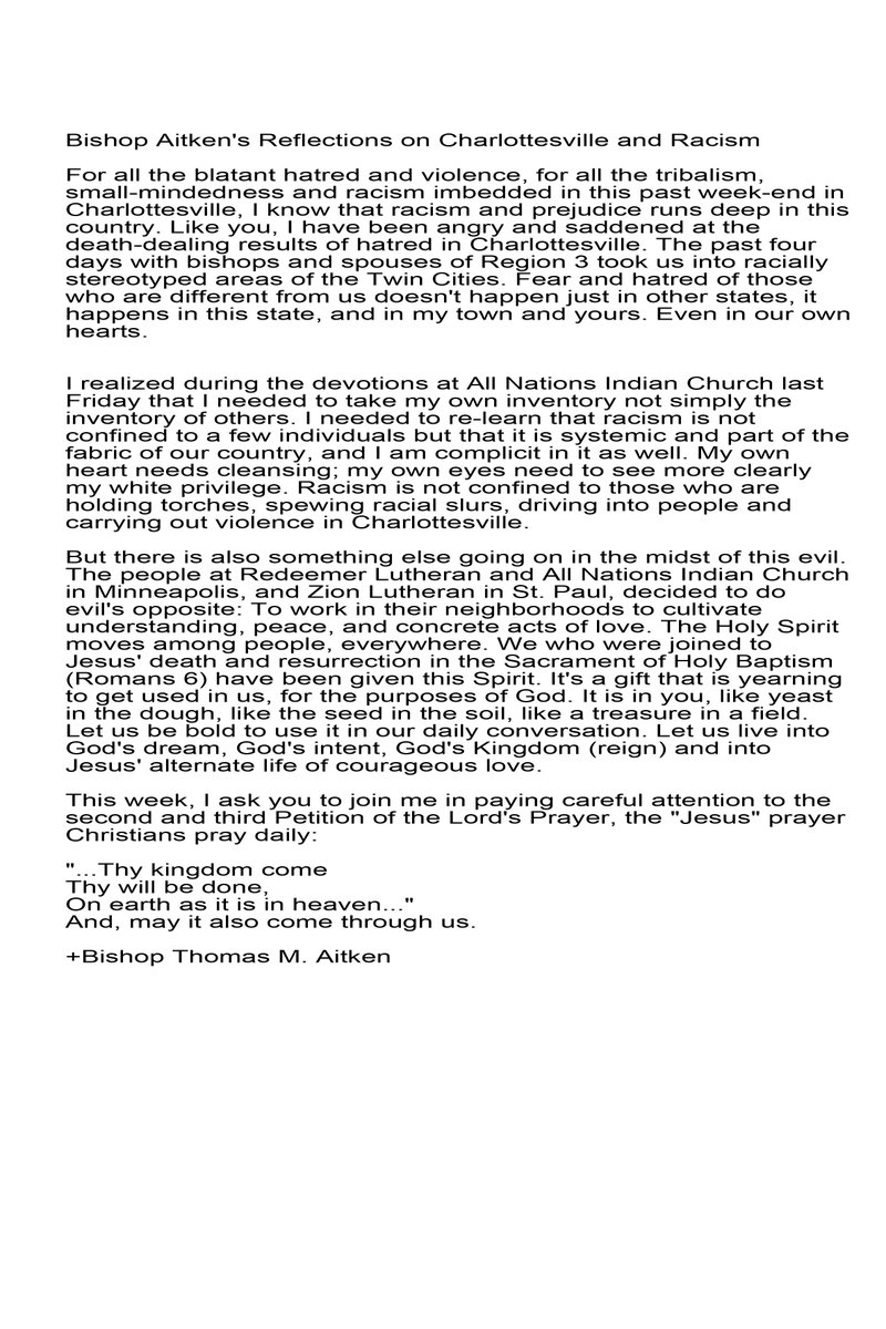 Bishop Thomas Aitken shares his reflection on the #Charlottesville tragedy.