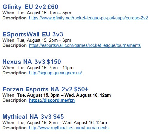 RLWCommunity's tweet image. Tournaments for 8/15/2017: (Times are EST)
@GfinityRL @eSportsWall @NexusGamingRL @ForzenEsports @Mythical_Es 
discord.me/RLW
