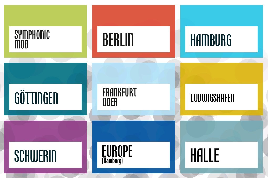Der #symphonicmob on tour: 2017 klingen #acht Orte. 🎺🎻
#Berlin #Hamburg #Göttingen #FrankfurtOder #Ludwigshafen #Schwerin #Europa #Halle