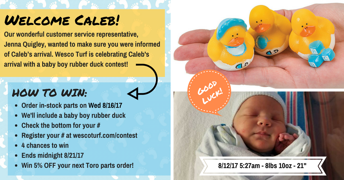wescoturf's tweet photo. We're celebrating the arrival of Caleb Quigley with a little contest. 4 chances to be a #WescoLuckyDuck #WelcomeCaleb https://t.co/zVIwlybJDq