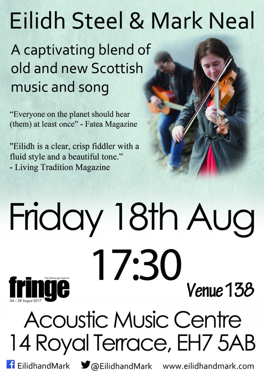EilidhandMark's tweet photo. Plenty of chance to hear us in concert this week; Friday @amcedin 5:30pm #Edfringe then Wed 23rd #DunfermlineFolkClub #MonarchBar https://t.co/6tVoxub0wo