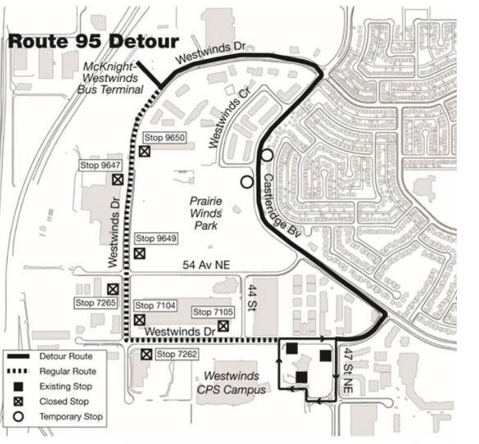 calgarytransit's tweet image. #Route95 will be on a detour due to Westwinds Dr NE closed from Aug 16 at 6pm to Aug 22 at 6pm. Visit ow.ly/o12Y30eq4ng for more Info