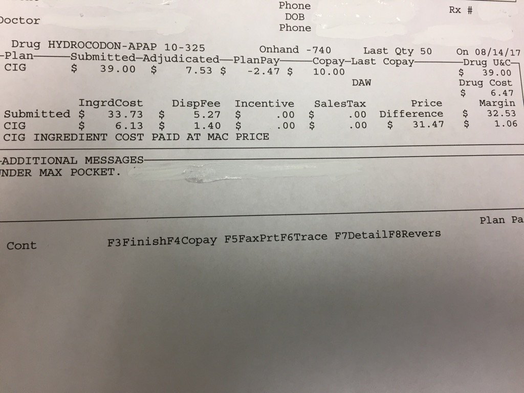 TruthRX's tweet photo. Cigna clawing back on a pain rx.  Profiting on that one.  Profit more than twice pharmacy makes for filling https://t.co/s2ff2U0fOe