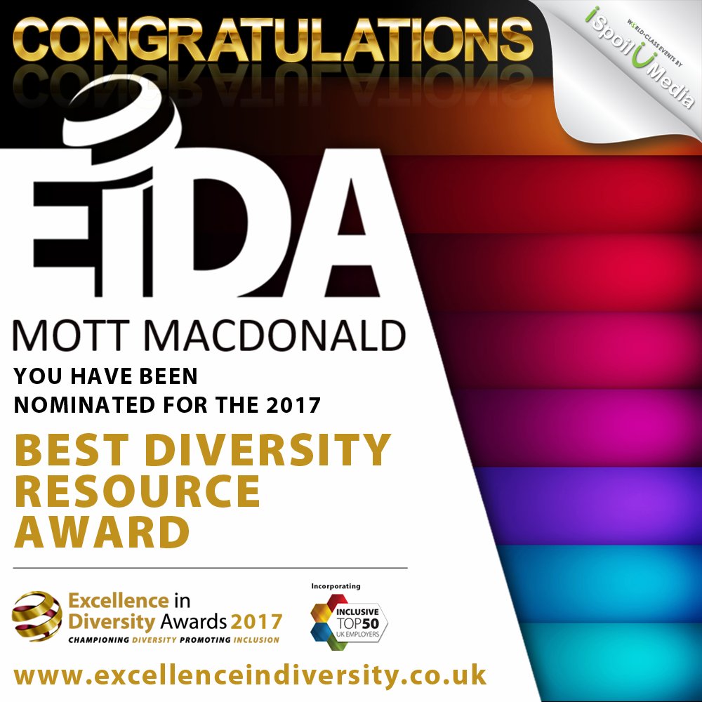 InclusiveAwards's tweet photo. @MottMacDonald are one of the #EiDA2017 nominees for The Best Diversity Resource Award! Brilliant work. 2/2 #Welldone! https://t.co/Pi8Jlie15j