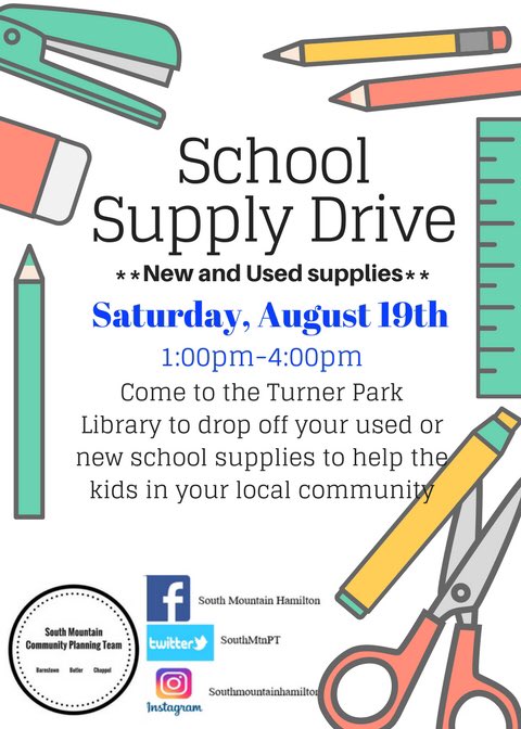 Drop off your used supplies at Turner Park Library this Saturday! Also accepting Canadian tire money! #Hamont #southmountain #giveback