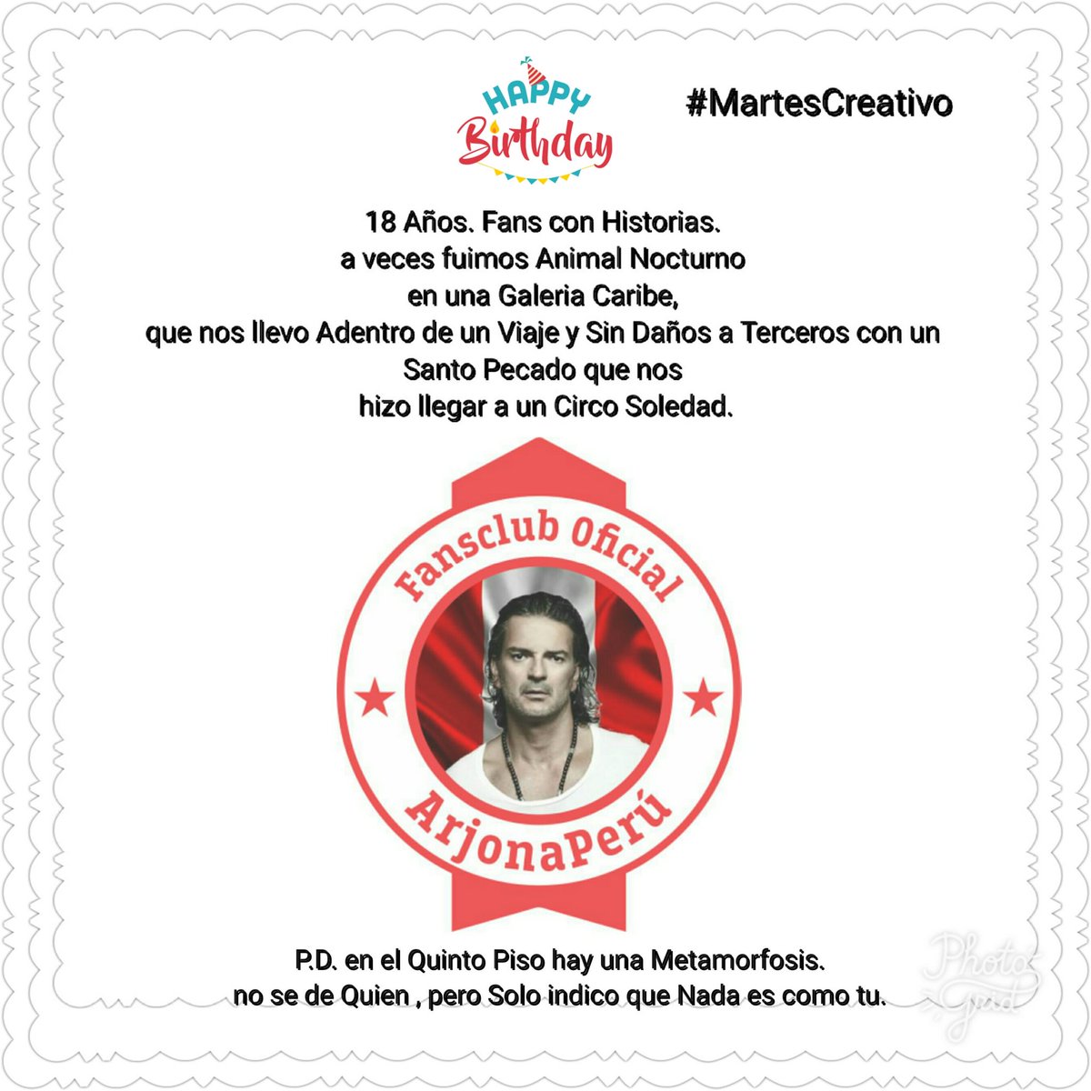 ArjonaperuFans's tweet photo. #MartesCreativo @INFOMUNDOARJONA @Ricardo_Arjona #18Años #FansFieles https://t.co/ngMuWk4eRc