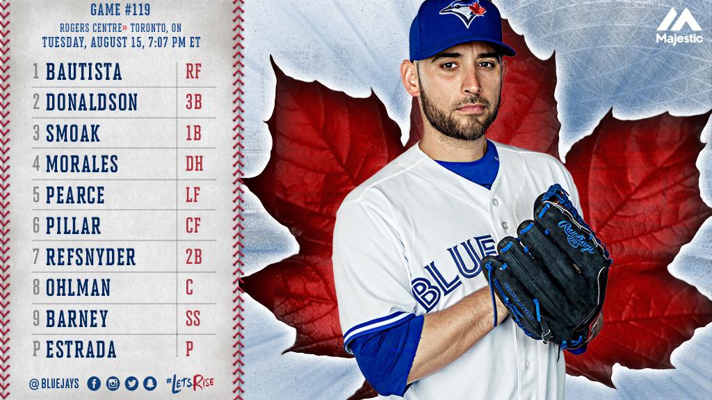 BlueJays's tweet photo. We've got Marco on the mound as we look to make it 4 in a row. 

Here is our lineup pres. by @MajesticOnField. https://t.co/hqULqzeir9 https://t.co/pFn5Ctjzwz