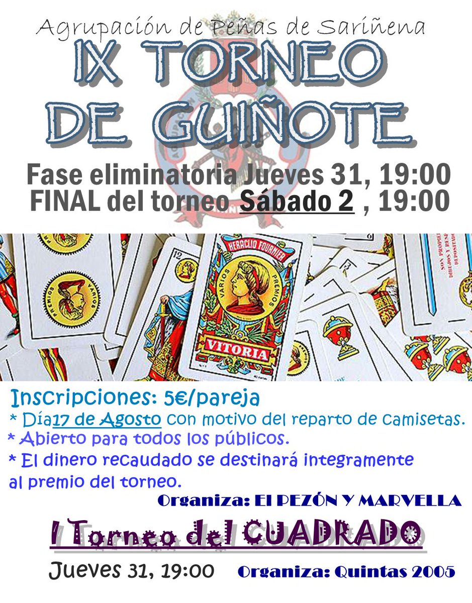 PEÑISTAS, SAN ANTOLÍN IS COMING!!!! 
Empezamos el jueves con el reparto de camisetas y las inscripciones para los torneos todos los días!