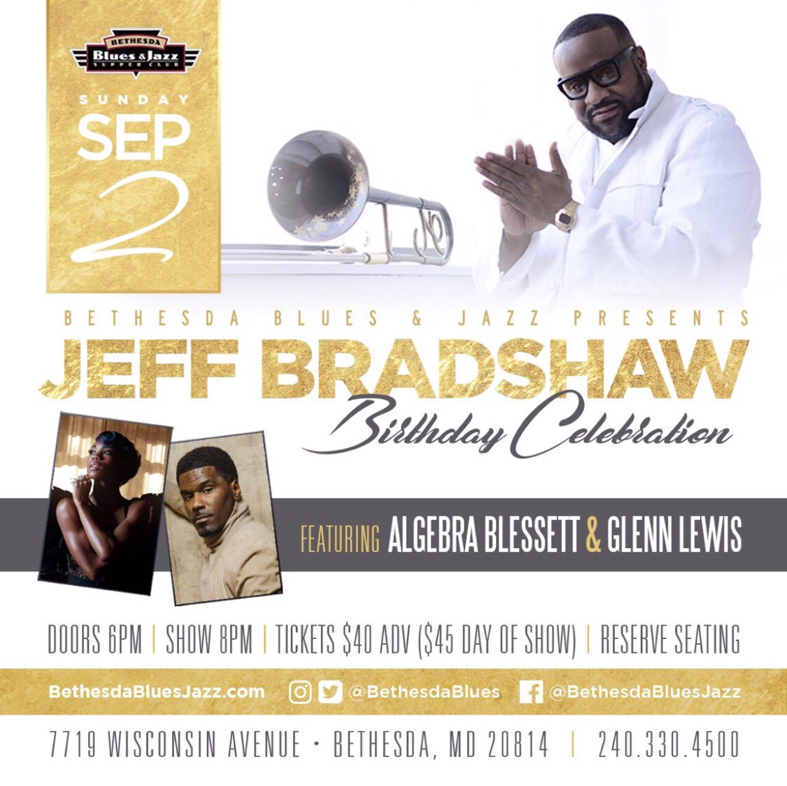 RT New Show Alert!!
My Birthday Celebration Sept 2nd at <a href="/BethesdaBlues/">Bethesda Blues&Jazz</a> SG: <a href="/yesitsalgebra/">Algebra Blessett</a> &amp; @BeingGlennLewis Tix at bethesdabluesjazz.com