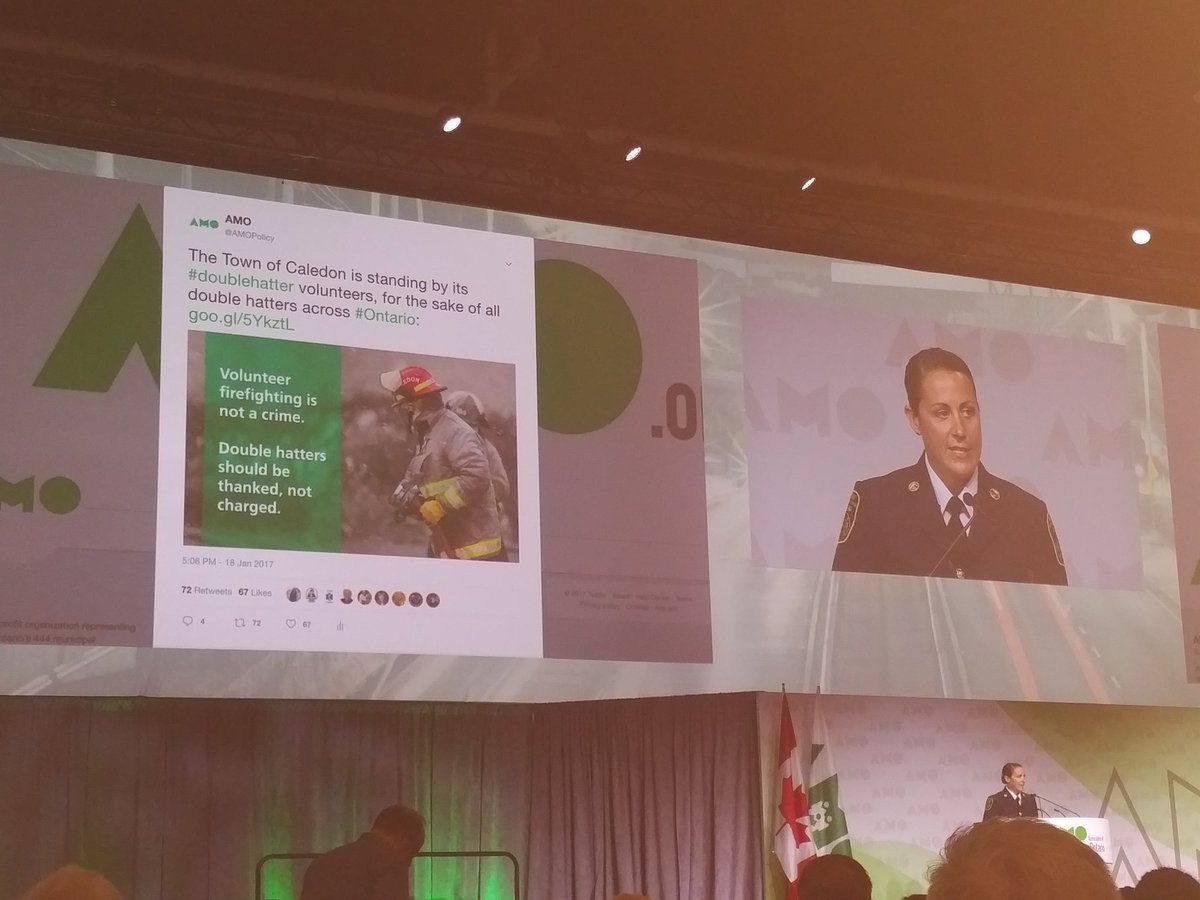 Standing ovation at #AMOConf17 for #Caledon #firefighter defending her right to #volunteer in her home community. #giveback