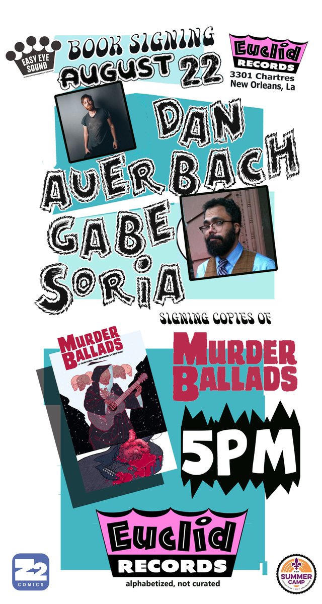 euclidnola's tweet photo. GROOVY NEWS: @danauerbach &amp; @Bitchinville will be signing the new blues-noir graphic novel MURDER BALLADS at Euclid on Tues 8/22 at 5PM! https://t.co/PzaEQ1ioAI