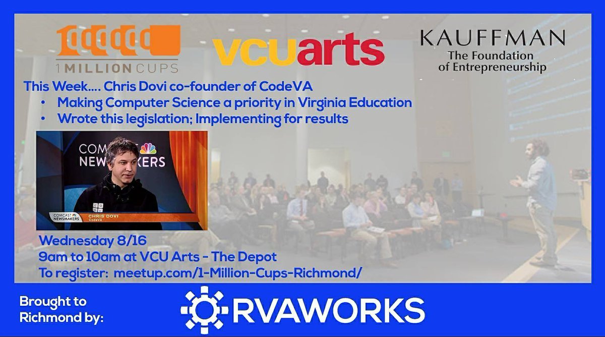 1MillionCupsRVA's tweet photo. Chris & Rebecca Dovi of @codeVirginia
coming up @1MillionCupsRVA @Eship on 8/16 #TechInclusion #edchat #edtech #educate2017 #Education https://t.co/NksyqYdYMU