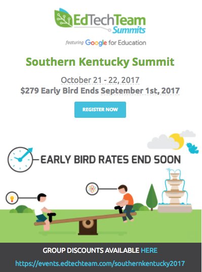 Grab early rates: Southern Kentucky Summit featuring Google for Edu ow.ly/gqR130dYlOO #edtechteam @techclassroom <a href="/mhammons/">mhammons</a> <a href="/markwagner/">Mark Wagner, Ph.D.</a>