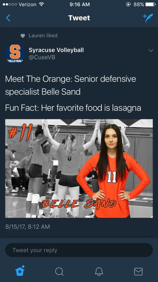 iaddy's tweet photo. *pouts in photo because they wouldn't let her say her favorite food was wine* #SyracuseVB #OrangeVB #CuseVB π @bellesand2 https://t.co/TrYoeZbrDS