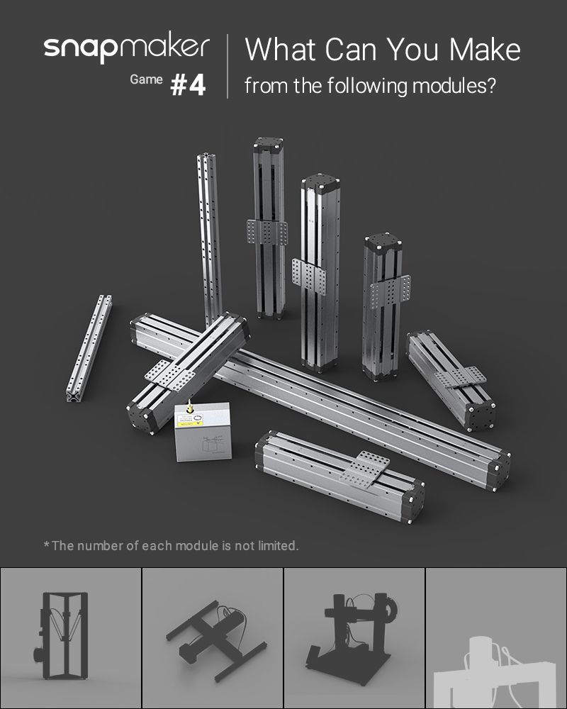 snapmaker's tweet photo. #WhatCanYouMake Can you think of a construction to make a stronger CNC machine? Build one with the following modules and share it with us! https://t.co/Uws2OO4ITY