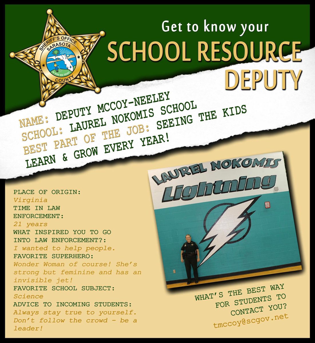 SarasotaSheriff's tweet photo. #GetToKnowYourSRD introduces Deputy McCoy-Neeley of Laurel Nokomis School! #SCSOBackToSchool2017 @sarasotaschools https://t.co/rbcpQ0mPvK