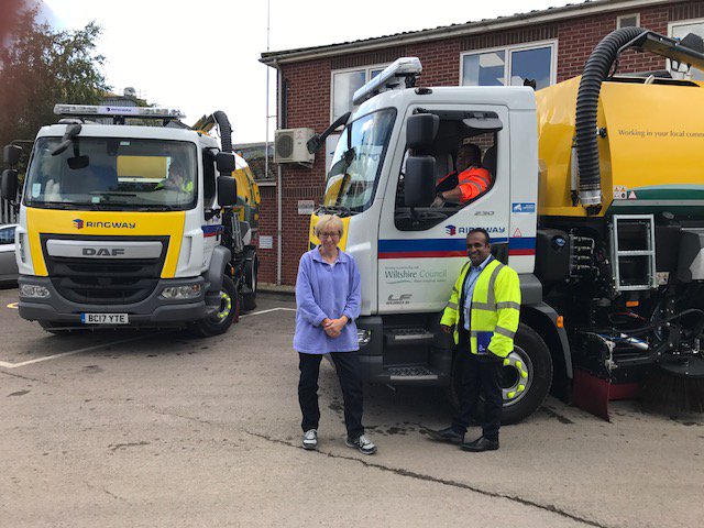 bridget_wayman's tweet photo. With Cllr @atiqulhoque76 and the new Ringway road sweepers at the Melksham depot https://t.co/WY3DYjnbhe